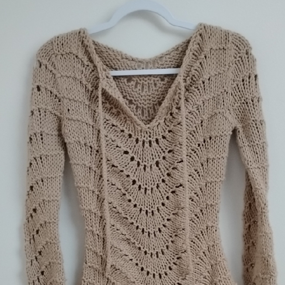 Y2K Boho Coquette Cottagecore Festival  Beach Tan Open Knit Tie Front Sweater - Picture 3 of 14